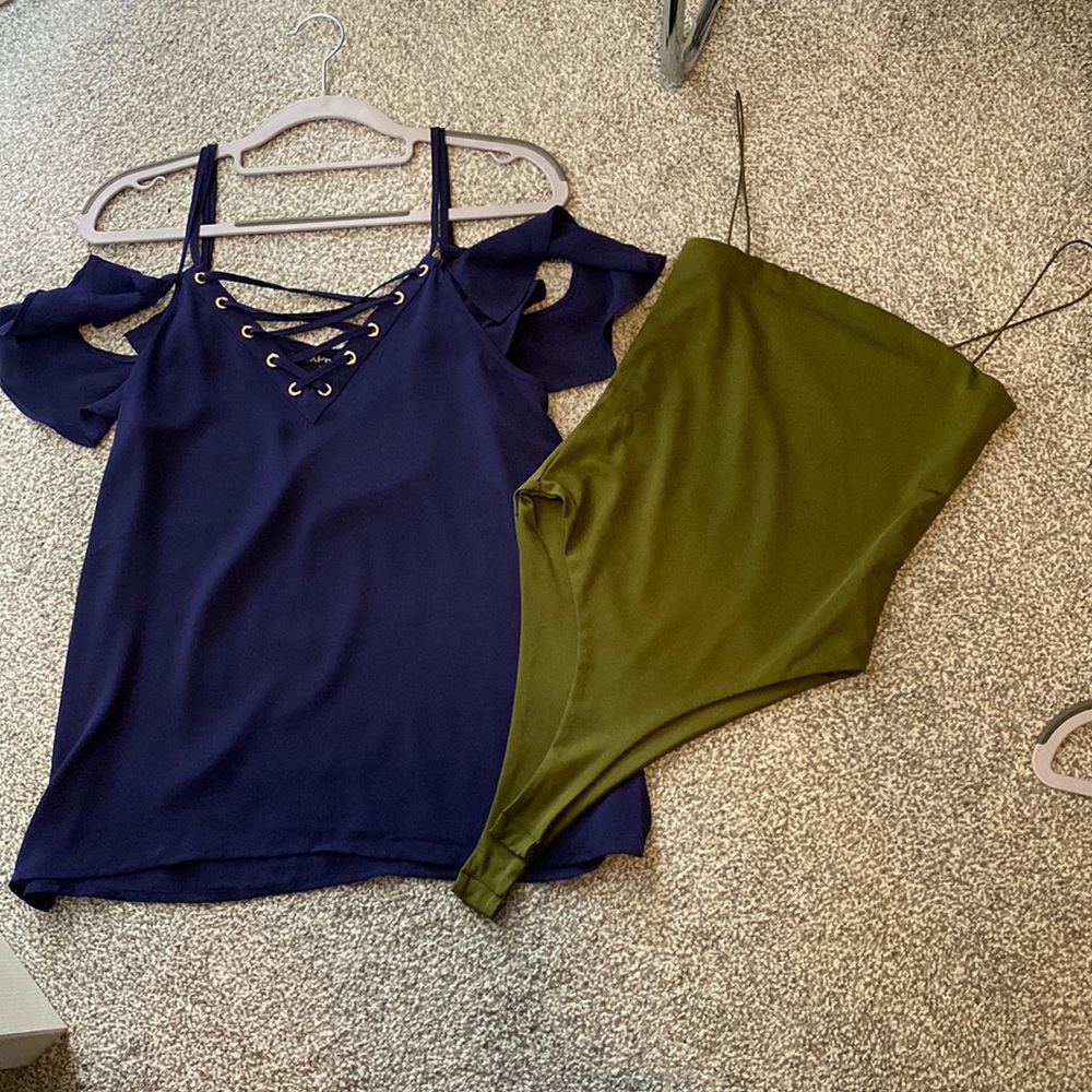 Navy tank top and olive green thong bodysuit